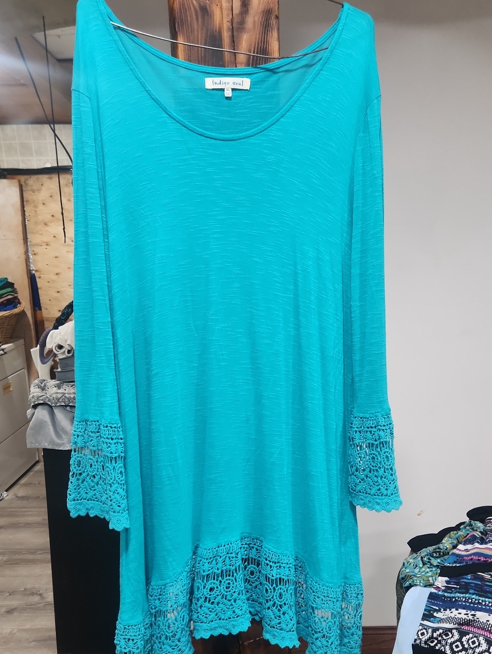 indigo soul Teal Crochet-Hem Long Sleeve Tunic